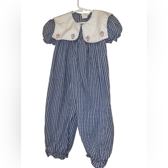 Rosalina Blue Gingham bubble Romper with clown Embroidered Collar 3T - Picture 1 of 3